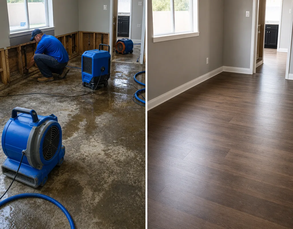 Before-and-after view of a water-affected room following drying and completed flooring and trim repairs
