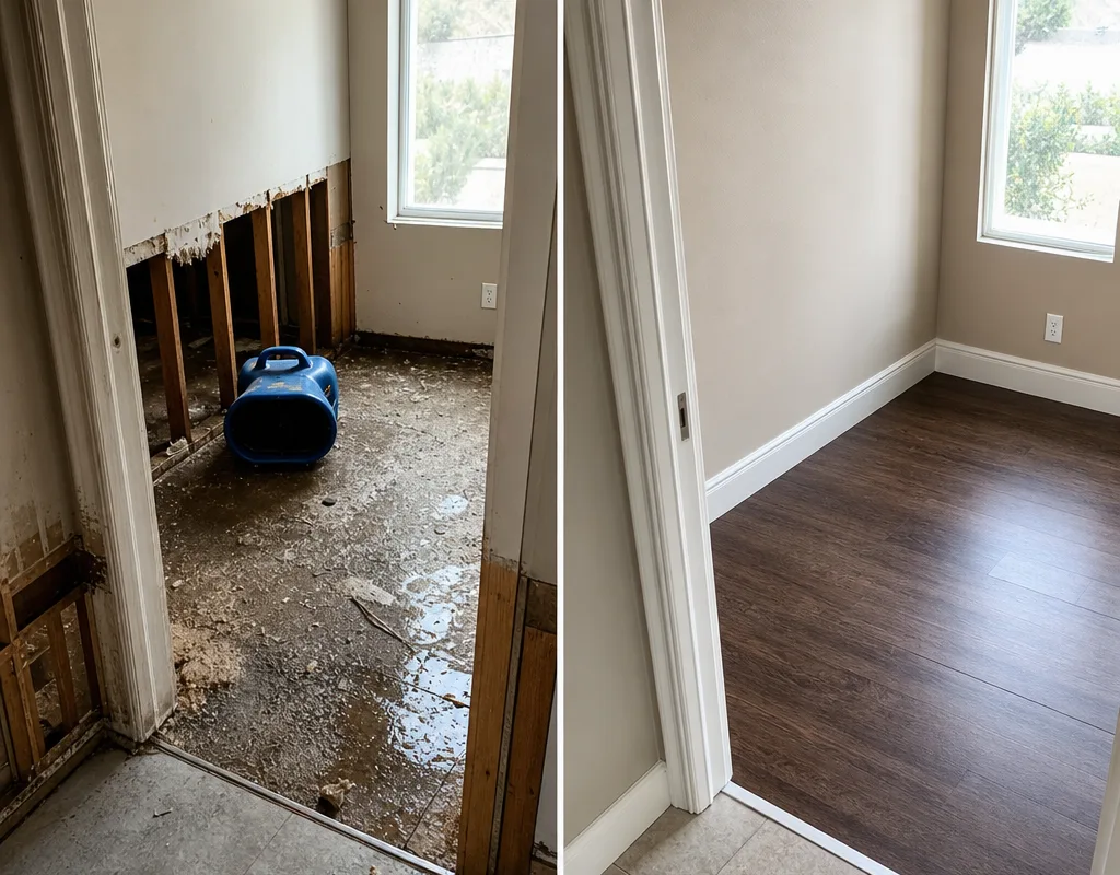 Before-and-after view of a water-affected room following drying and completed flooring and trim repairs