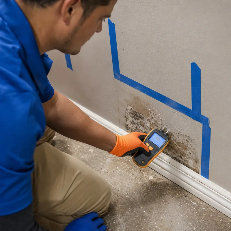 Technician taking moisture readings at a marked baseboard and drywall seam for a restoration plan