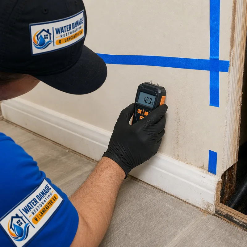 Technician taking moisture readings at a marked baseboard and drywall seam for a restoration plan