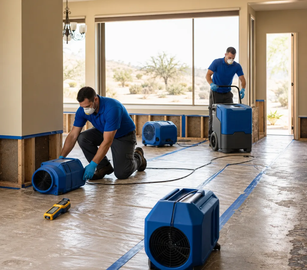 Certified restoration technicians setting up air movers, dehumidifiers, floor protection, and moisture meters in a Lancaster home