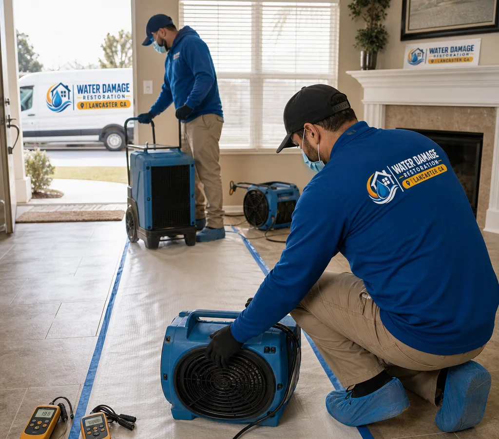 Certified restoration technicians setting up air movers, dehumidifiers, floor protection, and moisture meters in a Lancaster home