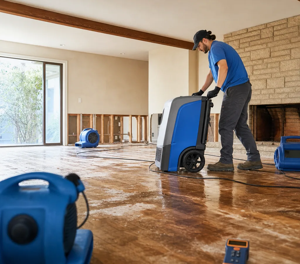 Technician using commercial drying equipment in a water-damaged Lancaster property