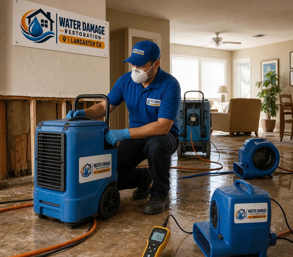 Technician using commercial drying equipment in a water-damaged Lancaster property