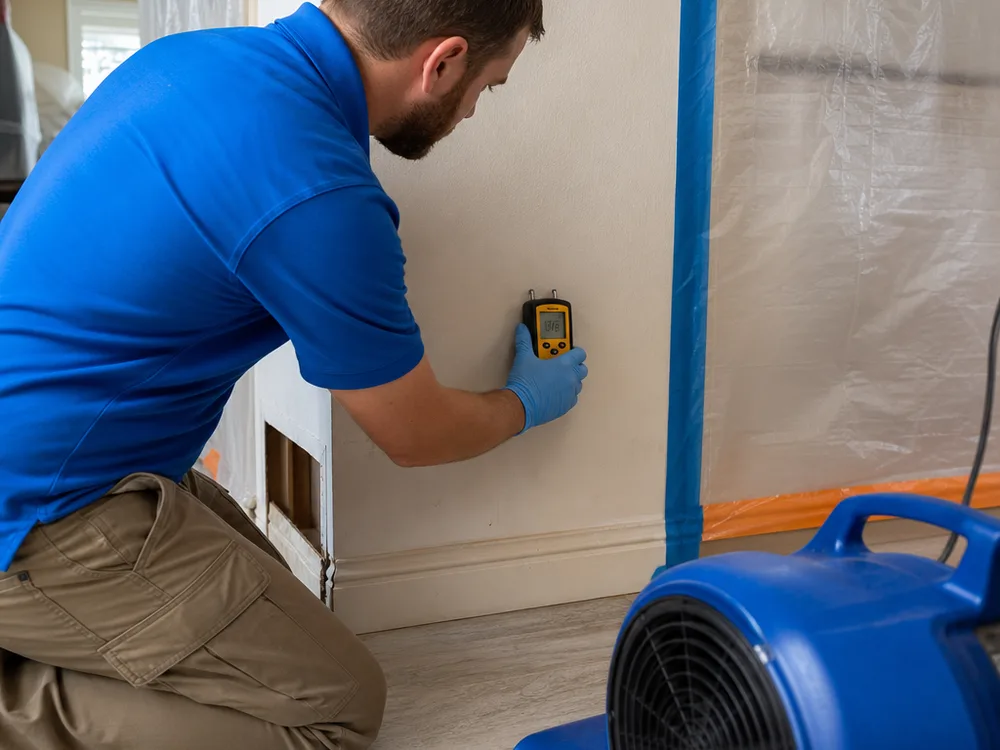 Moisture meter checking drywall beside containment and drying equipment