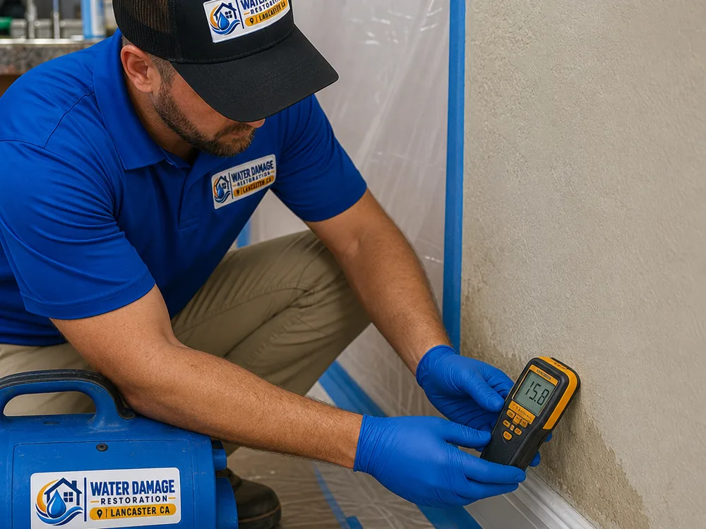 Moisture meter checking drywall beside containment and drying equipment