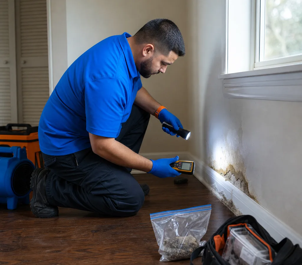 Inspector in protective equipment checking an interior wall with a flashlight and moisture meter in a Lancaster-area home