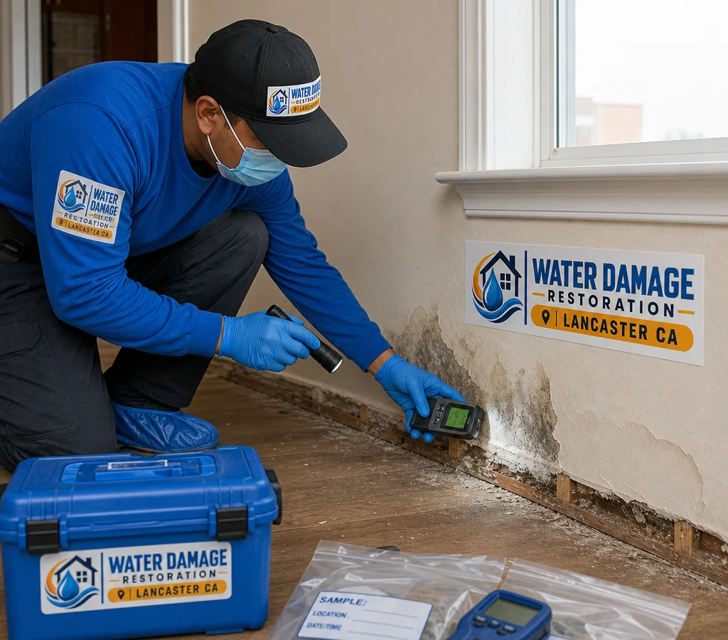 Inspector in protective equipment checking an interior wall with a flashlight and moisture meter in a Lancaster-area home