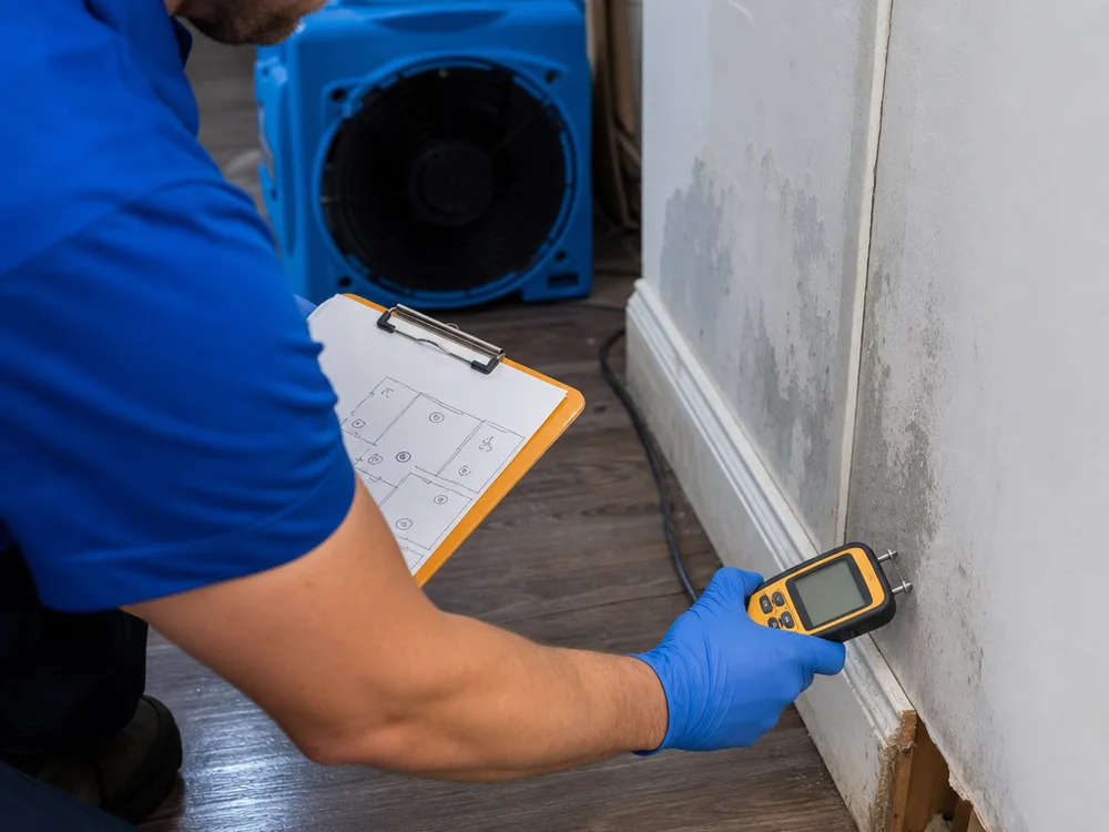 Moisture meter checking a baseboard and drywall seam beside a room-by-room moisture map