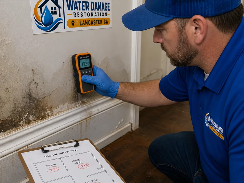 Moisture meter checking a baseboard and drywall seam beside a room-by-room moisture map
