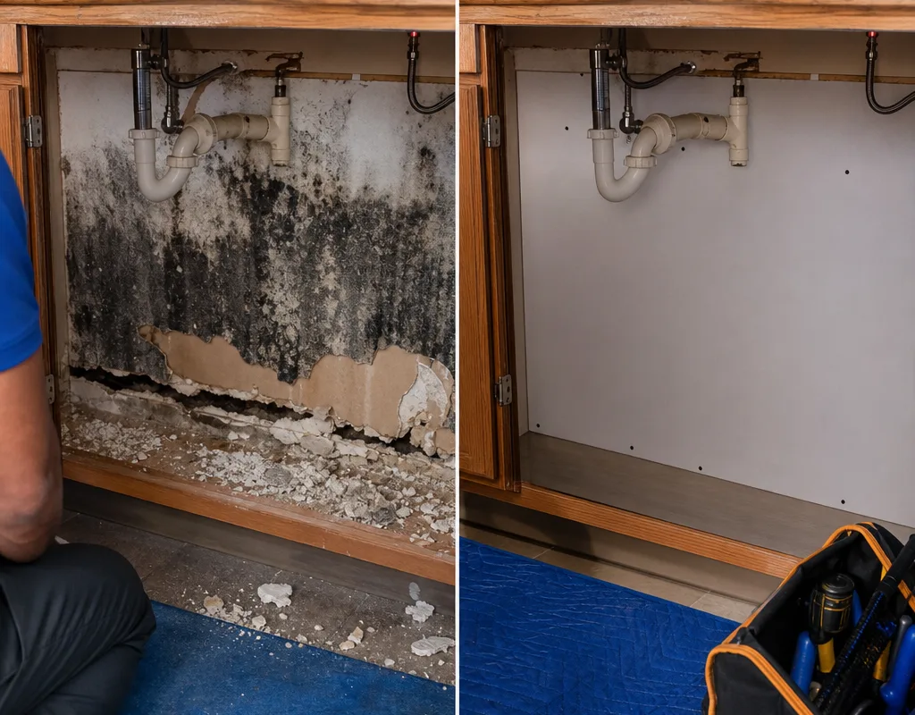 Before mold staining behind a bathroom vanity and after drywall replacement with the area cleaned and ready for finish work