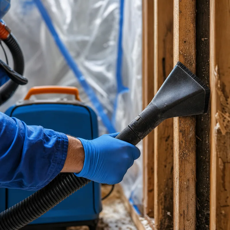 HEPA vacuuming exposed wall studs inside a contained mold work area