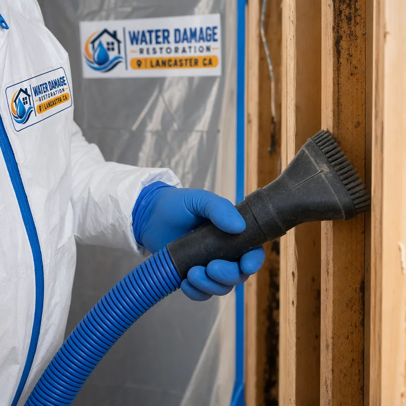 HEPA vacuuming exposed wall studs inside a contained mold work area