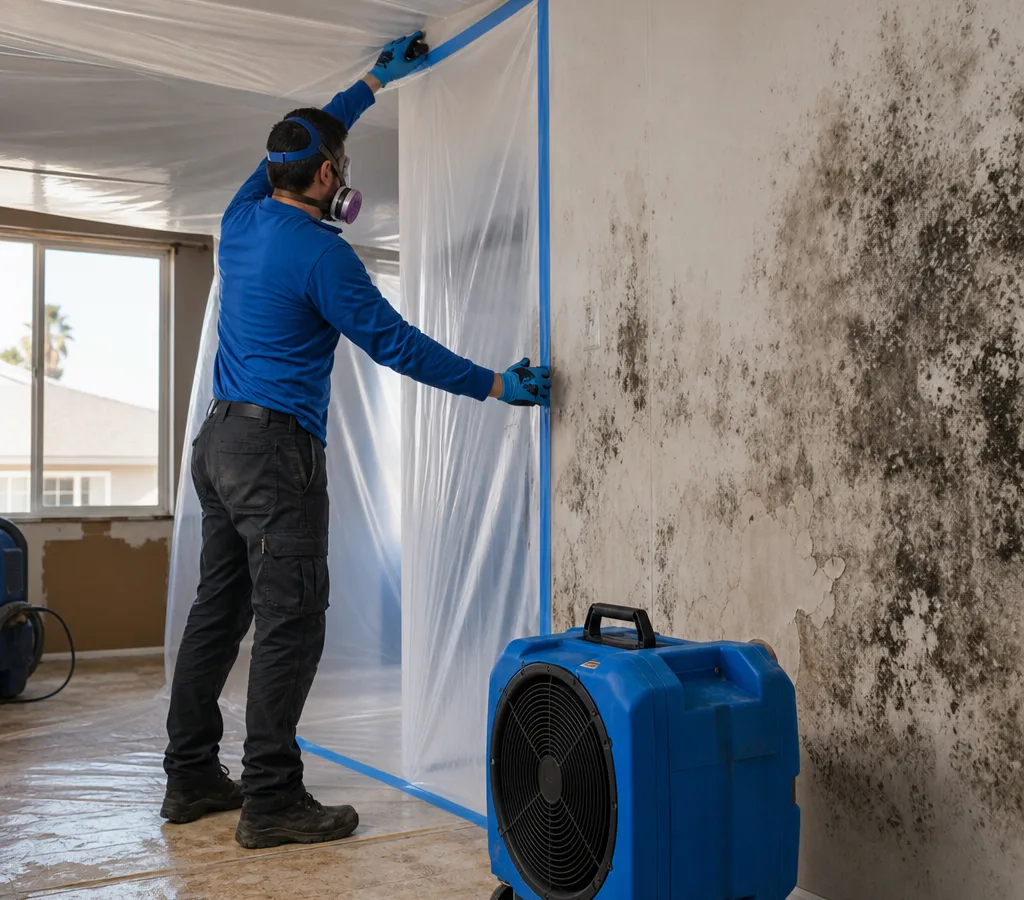 Technician in protective gear setting up containment plastic and a HEPA air scrubber in a residential room with visible mold staining on drywall