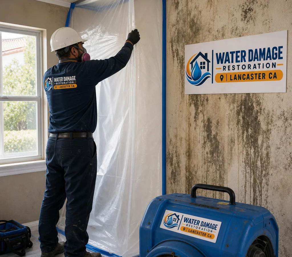 Technician in protective gear setting up containment plastic and a HEPA air scrubber in a residential room with visible mold staining on drywall