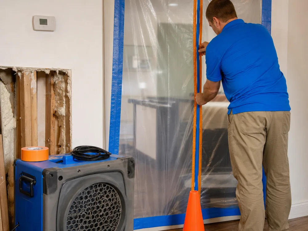 Containment doorway with taped plastic sheeting, a HEPA air scrubber, and warning signage outside the mold work zone