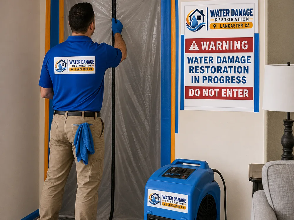 Containment doorway with taped plastic sheeting, a HEPA air scrubber, and warning signage outside the mold work zone