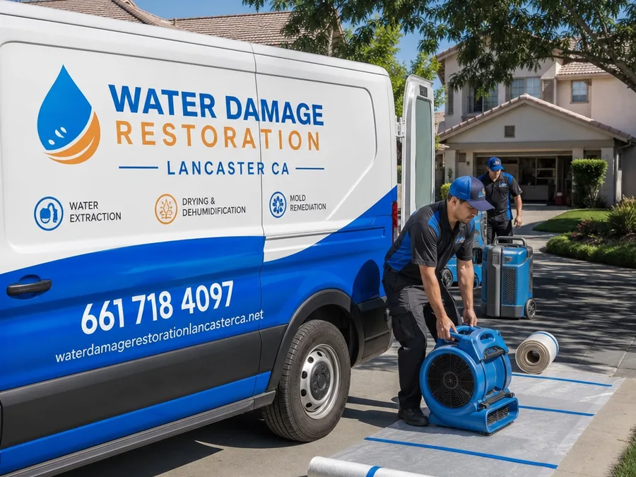Technicians unloading air movers, dehumidifiers, and floor protection in a Lancaster neighborhood driveway