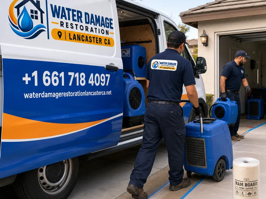 Technicians unloading air movers, dehumidifiers, and floor protection in a Lancaster neighborhood driveway