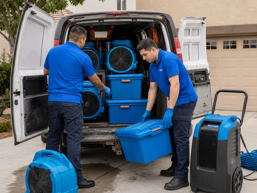 Water damage restoration technicians staging equipment outside a Lancaster home