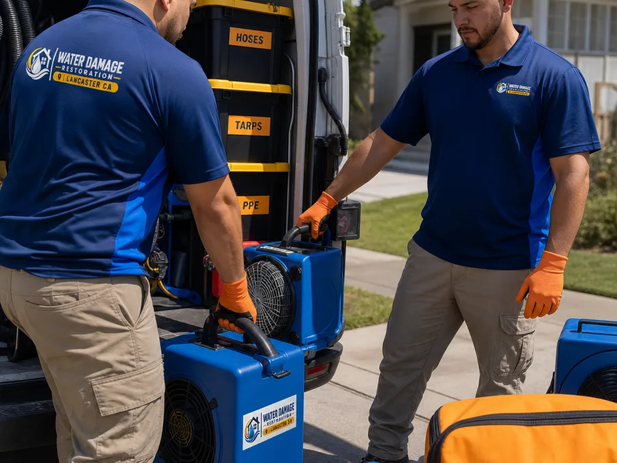 Water damage restoration technicians staging equipment outside a Lancaster home