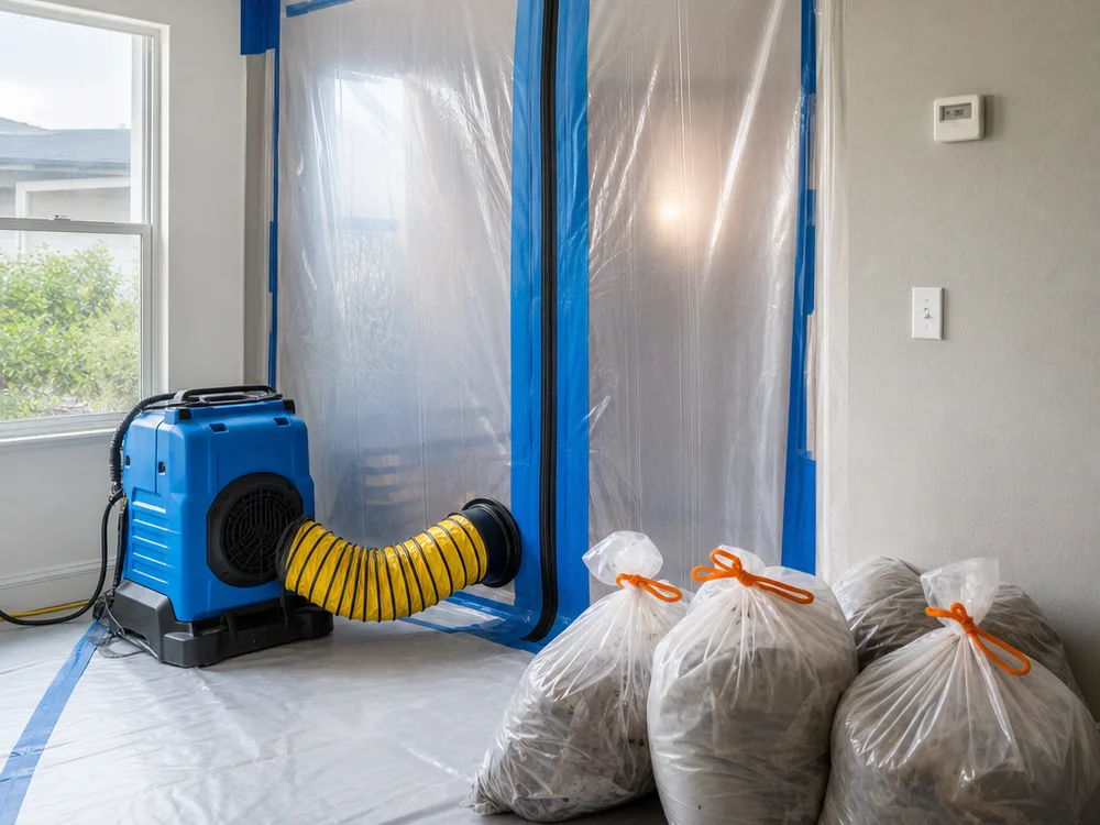 Organized contained restoration workspace with plastic sheeting, negative air equipment, and labeled material bags