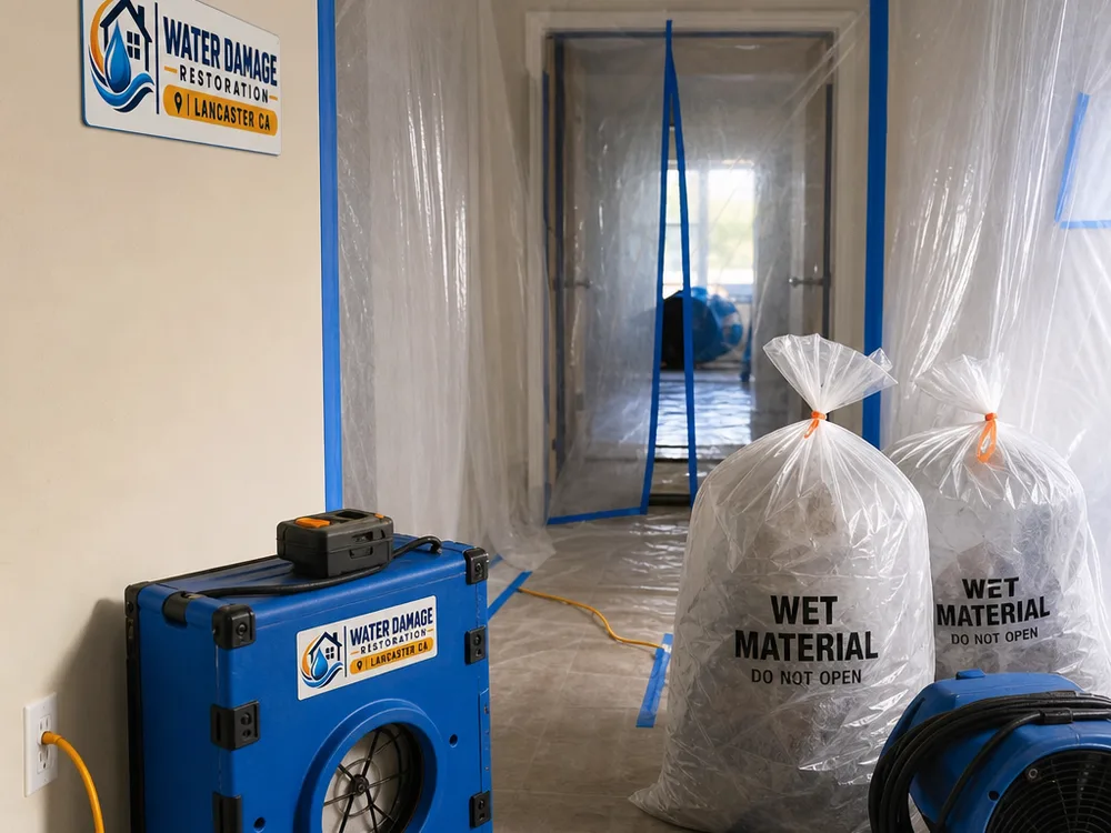 Organized contained restoration workspace with plastic sheeting, negative air equipment, and labeled material bags